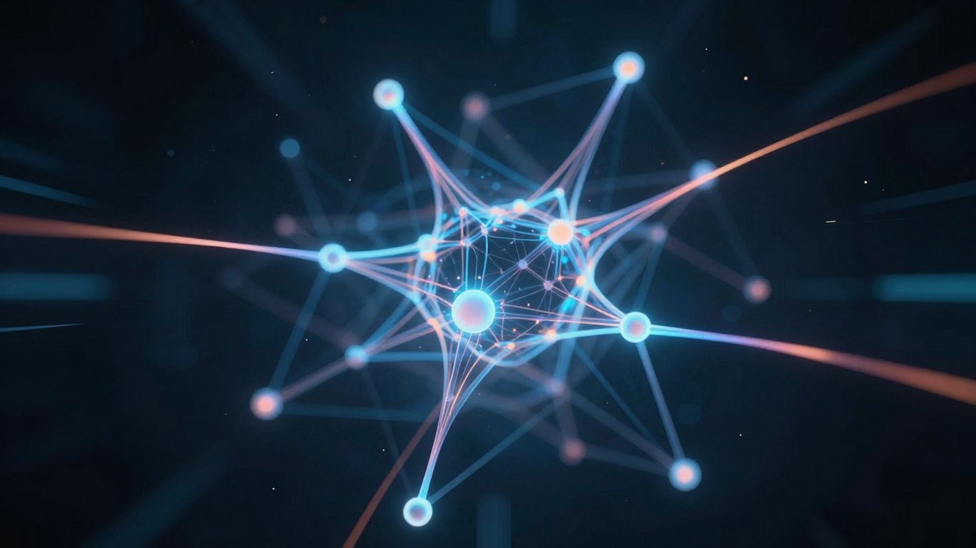 Abstract neural network with glowing nodes and light trails.