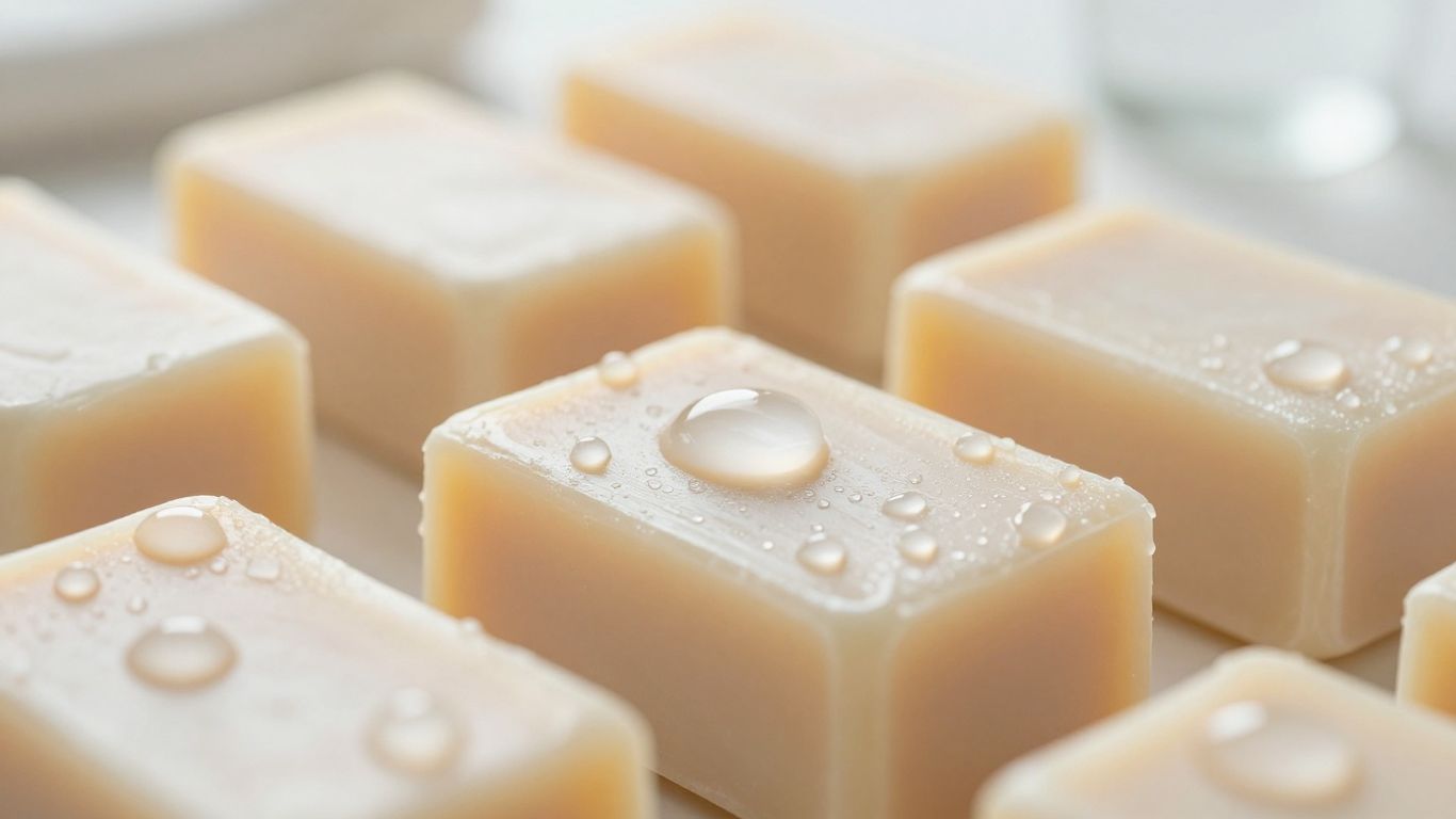Raindrops soap bars with water droplets.