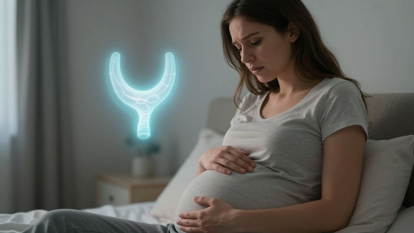 Pregnant woman with glowing thyroid silhouette.