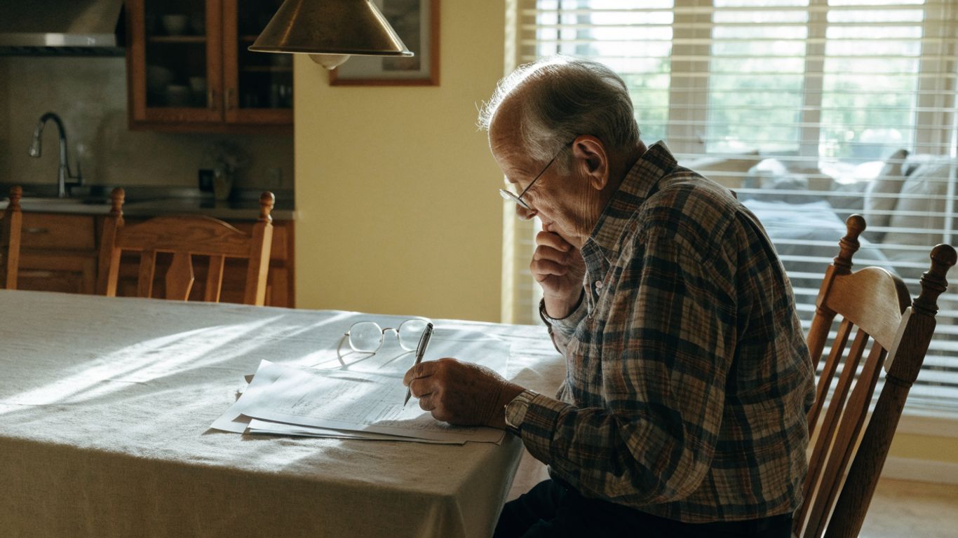 Older homeowner reviewing home documents at kitchen table
