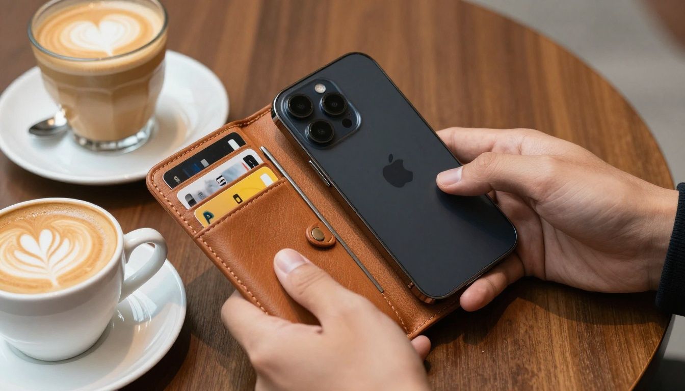 Someone paying for coffee at a cafe using their iPhone 17 Pro Max inside a stylish leather wallet case, with their cards visible in the slots.