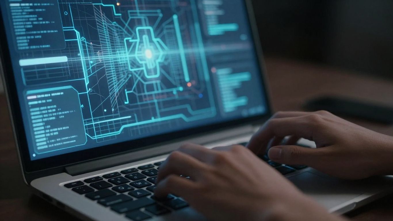 Hands typing on a laptop with AI visuals.