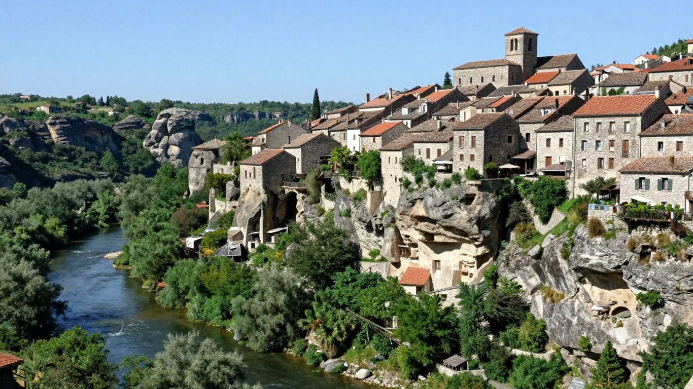 Medieval village on a cliff overlooking a river in France.