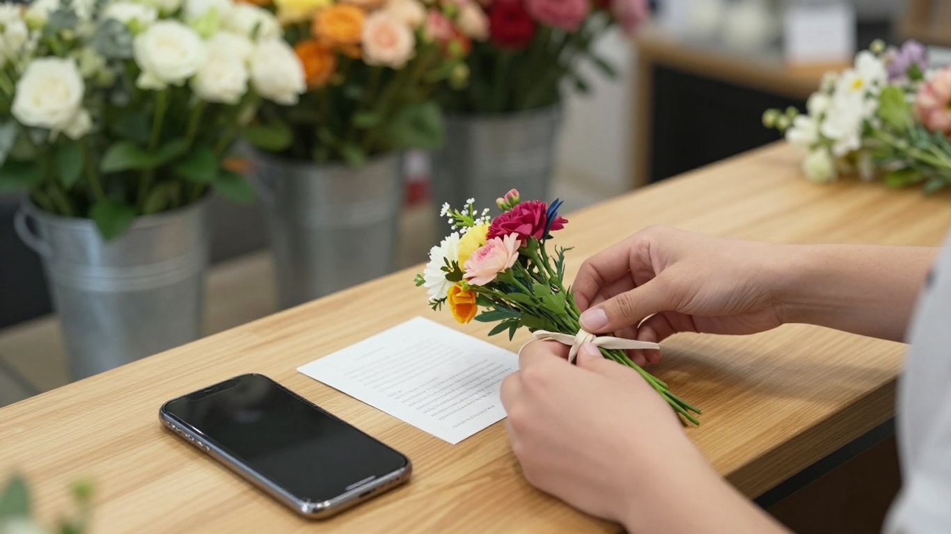 Florist preparing a bouquet beside delivery details