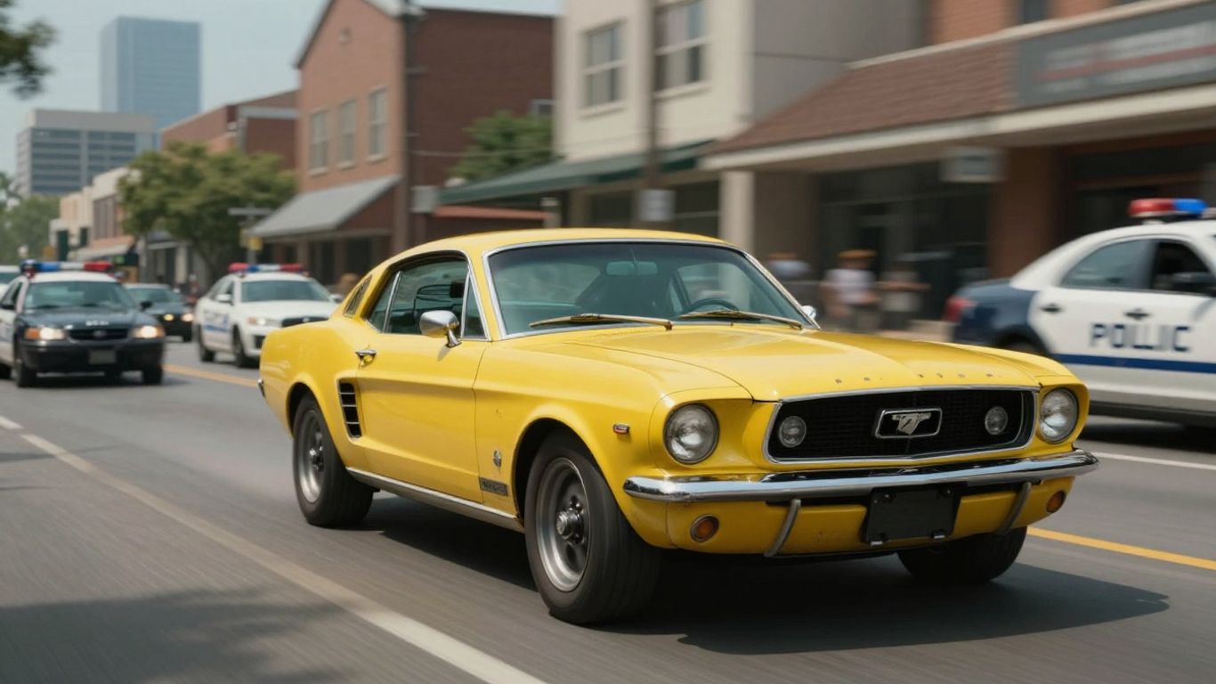 A yellow Mustang racing through city traffic