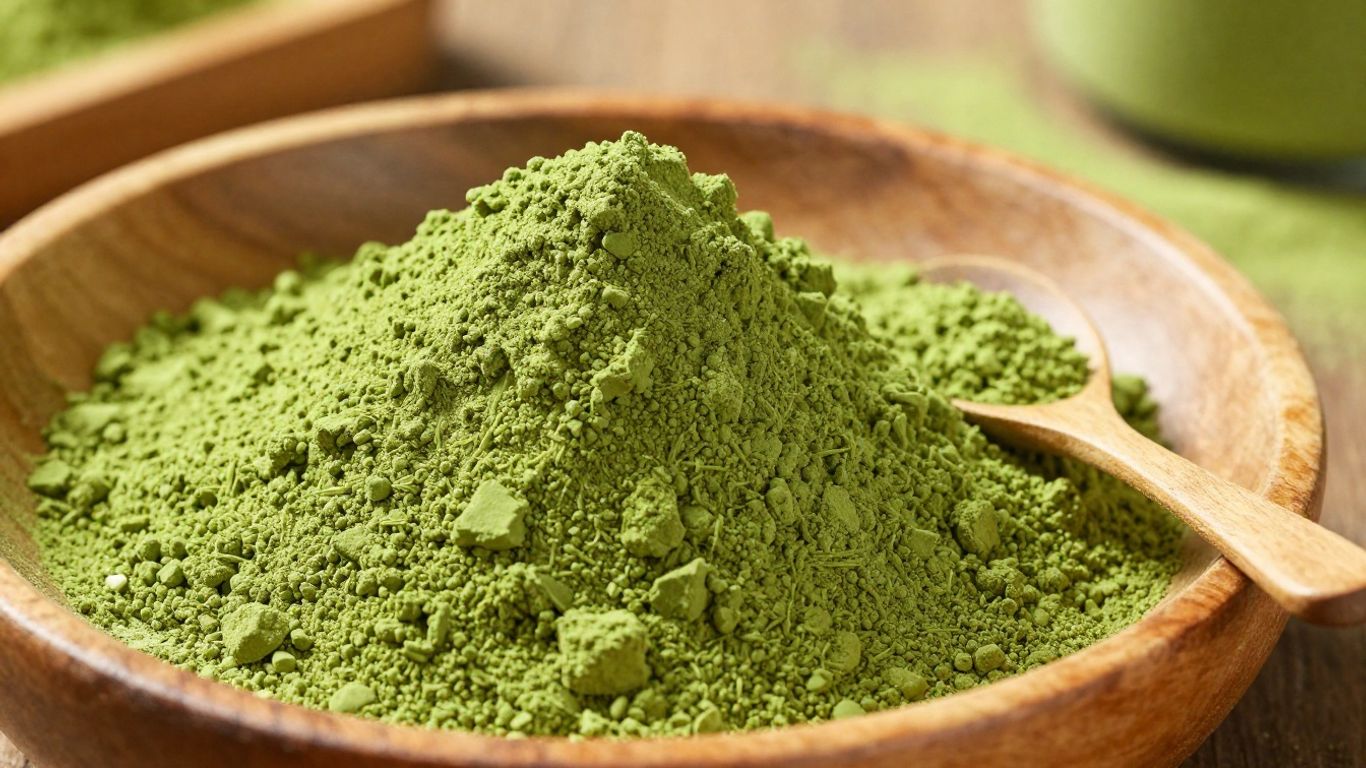 Green matcha powder in a wooden bowl with a scoop.