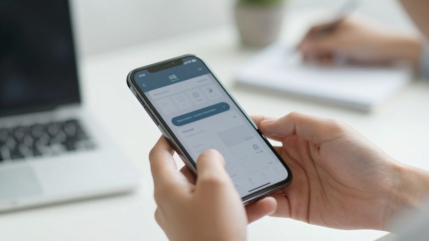 Hands holding a smartphone with a digital interface.