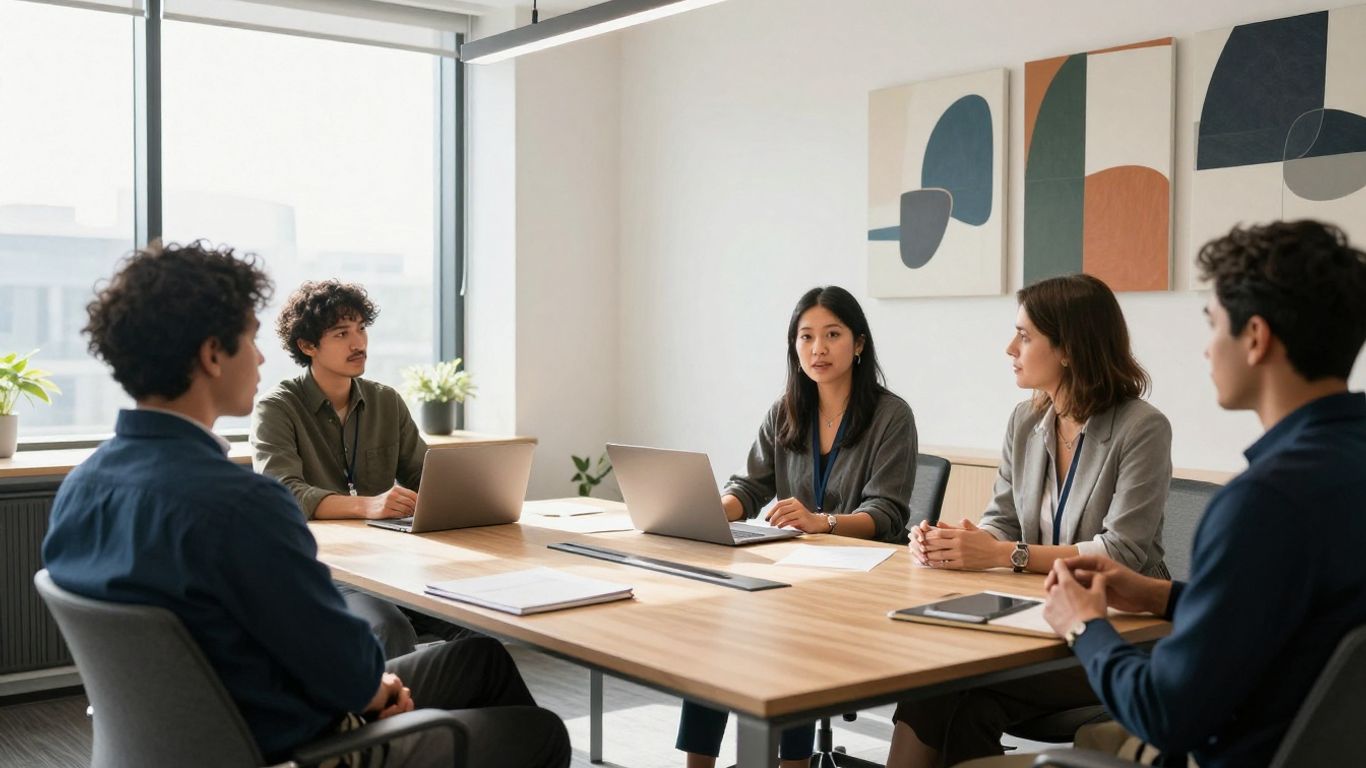 Team meeting in a bright, modern office.