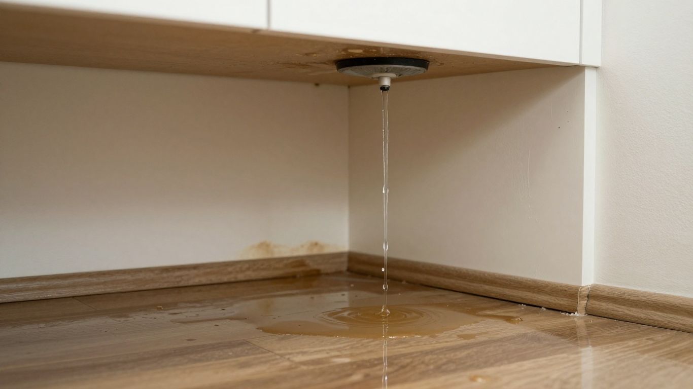 Home interior with active water damage and dripping water.