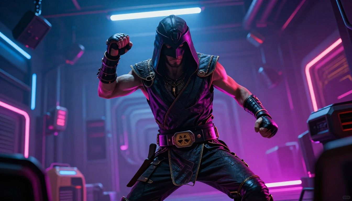 Um lutador lendário em uma posição de combate intensa em uma arena futurista iluminada por luzes de neon vibrantes