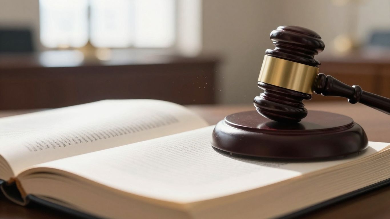 Gavel on legal book in courtroom
