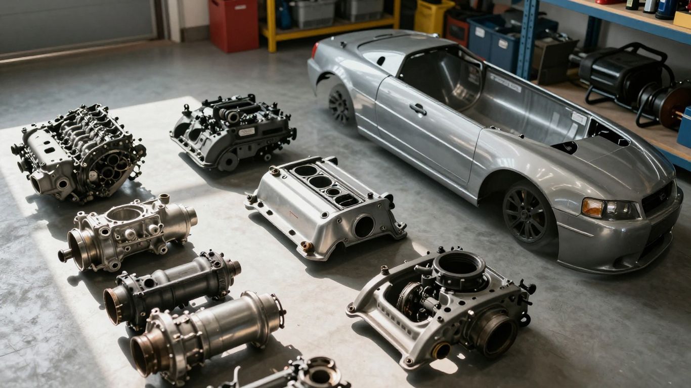 Used Mitsubishi car parts in a workshop