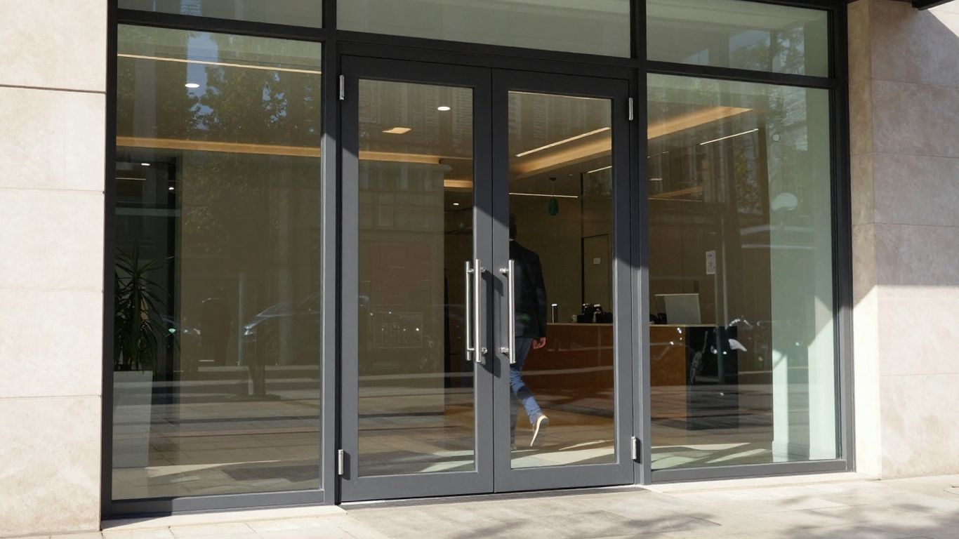 Automatic sliding door at a UK business entrance.