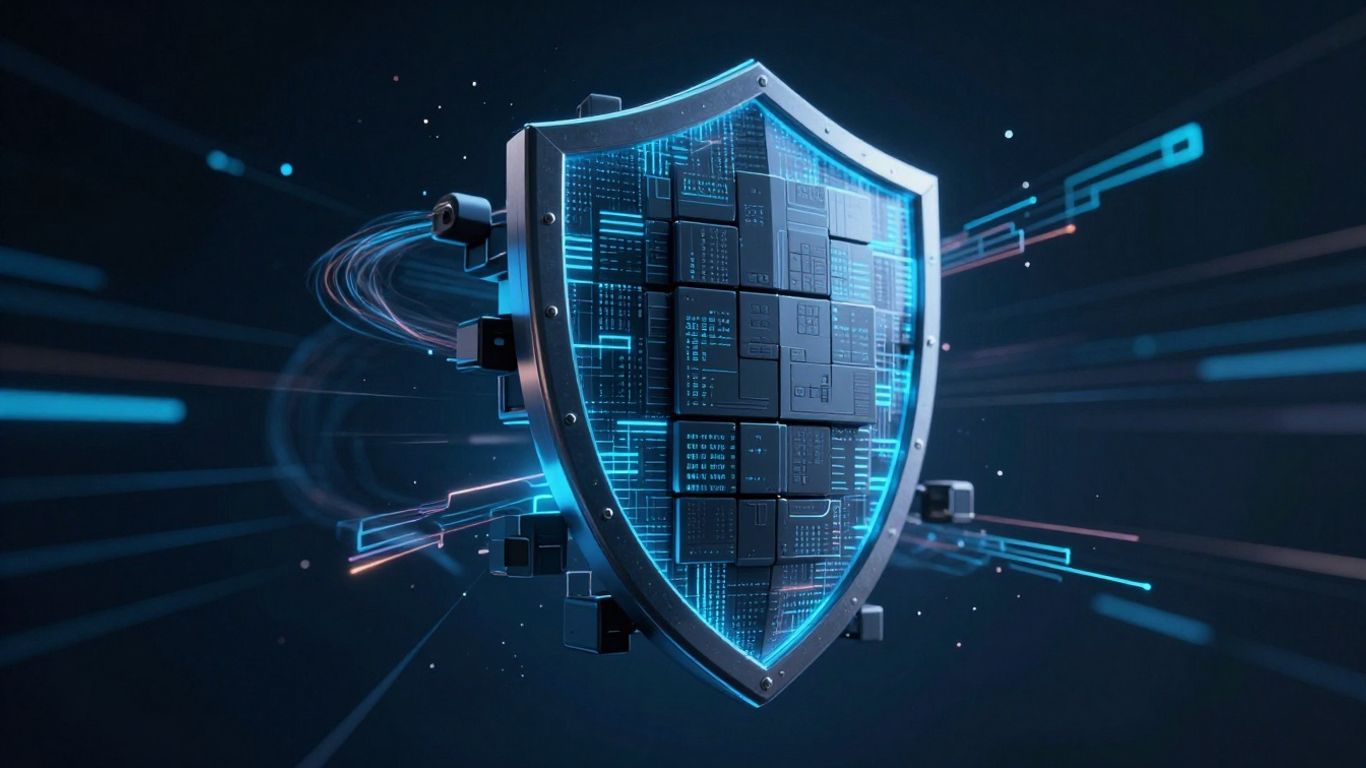 Blockchain shield protecting against cyber threats.