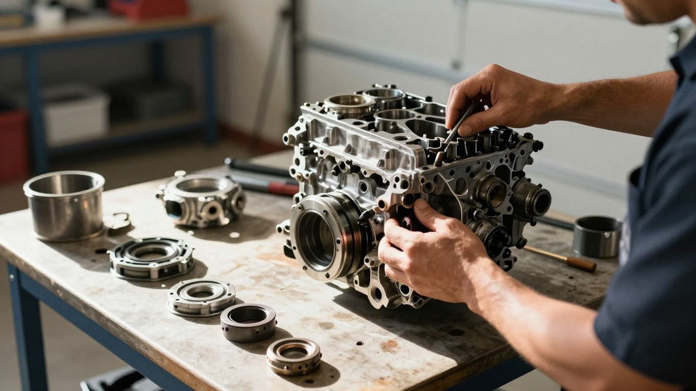 Mechanic working on a Toyota engine in a garage.