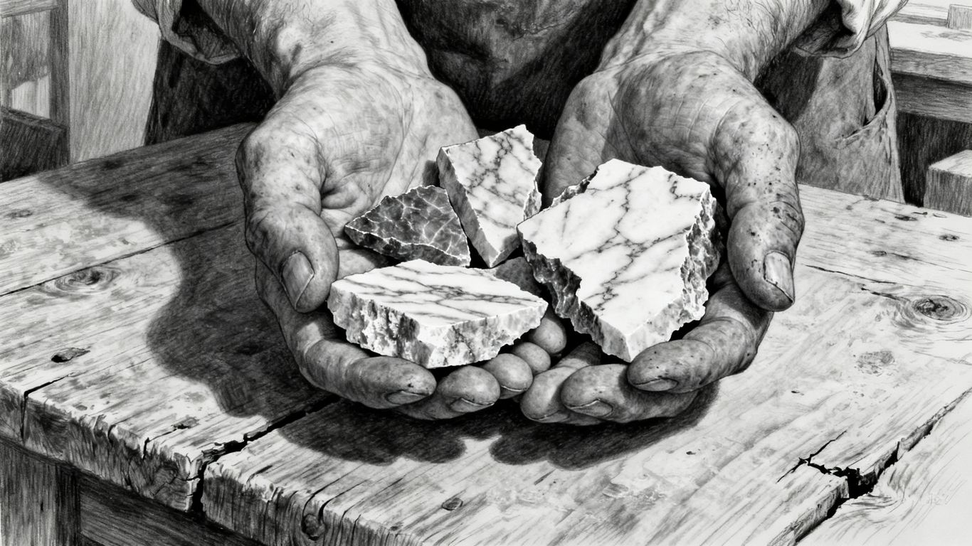 Artisans examining raw stone fragments