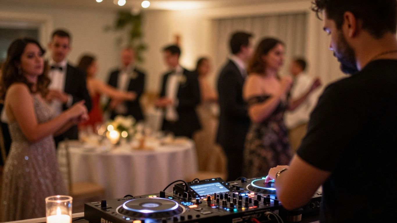 Wedding DJ booth at a reception with dancing guests.