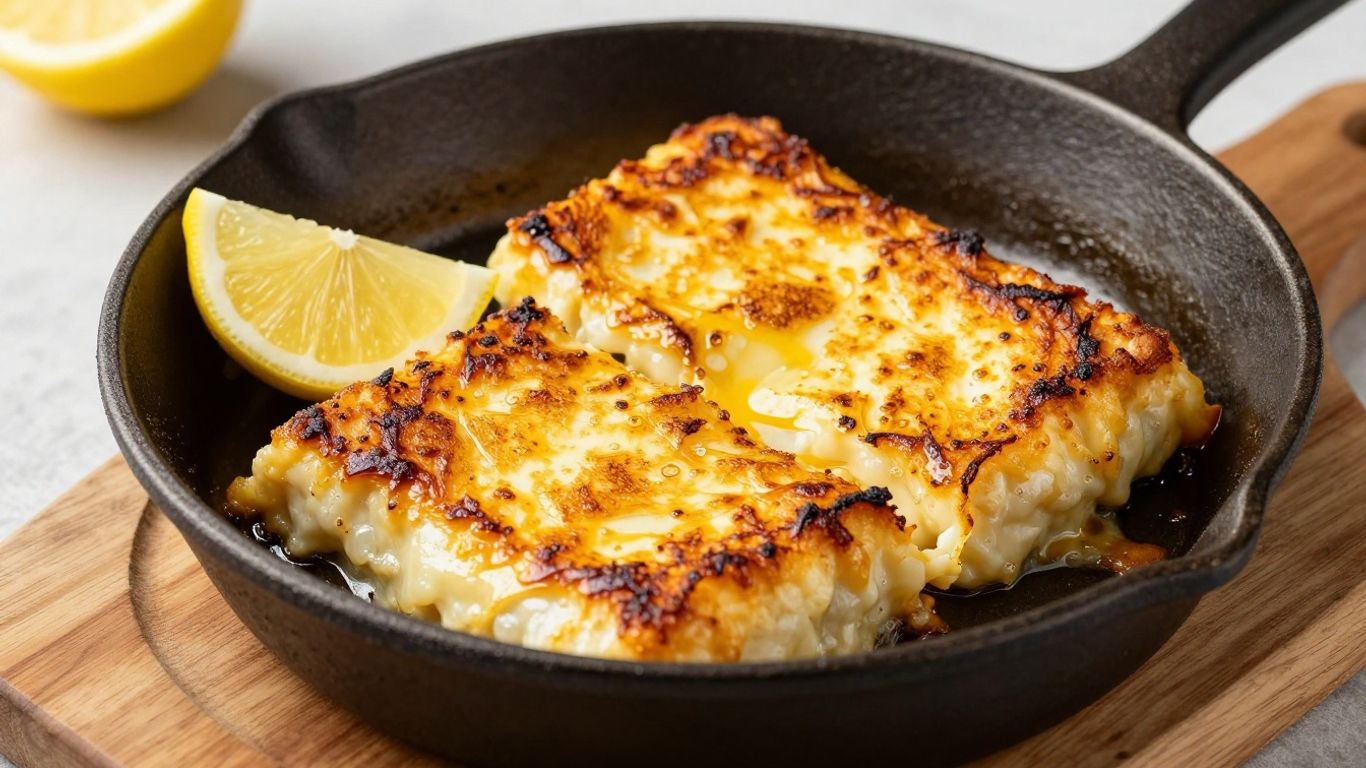 Sizzling pan-fried saganaki cheese with a lemon wedge.