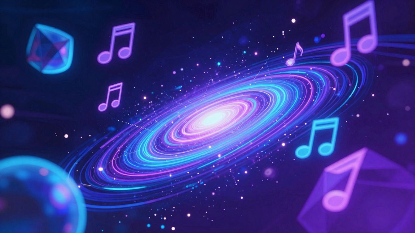 AI music video visualizer with abstract shapes and notes.