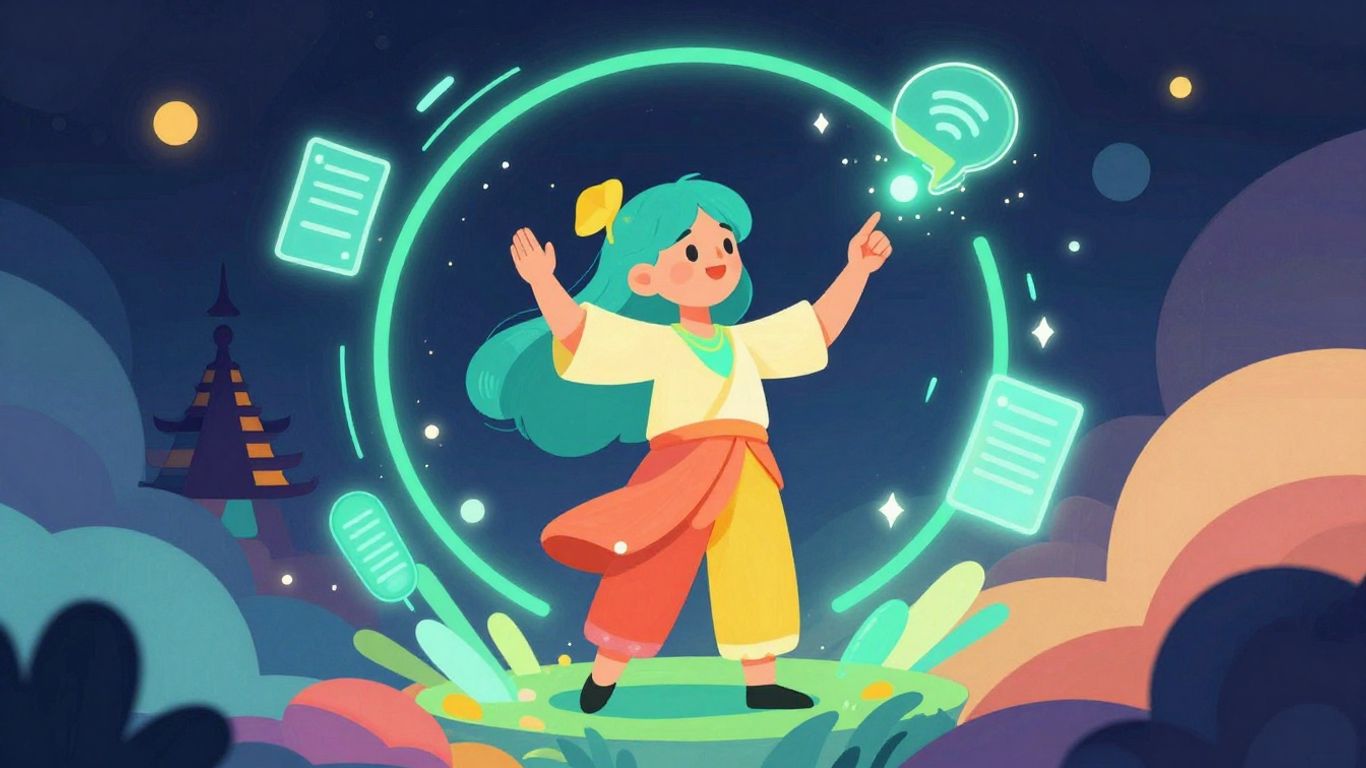 Creative character exploring digital video creation interface.