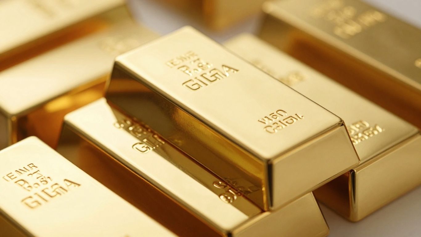 闪闪发光的金条堆得很高，象征着财富和安全。