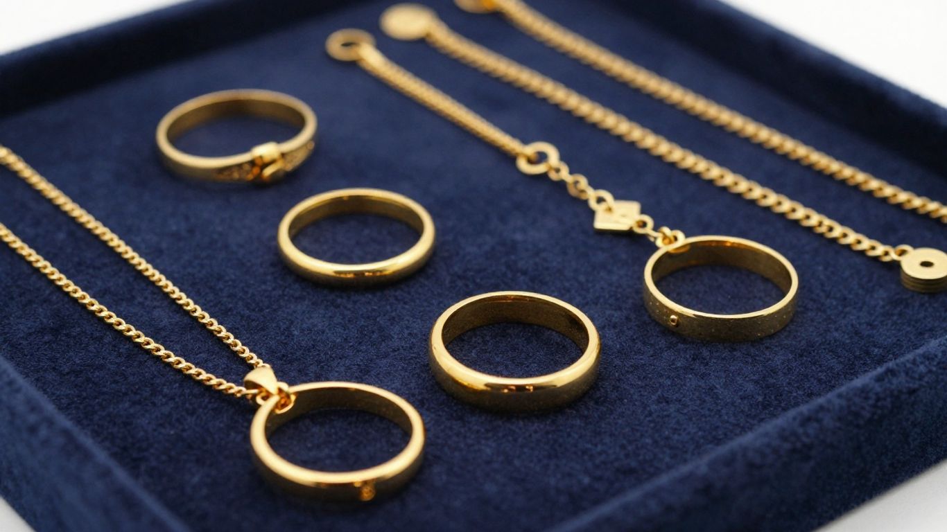 A close-up view of gold jewelry on a velvet display