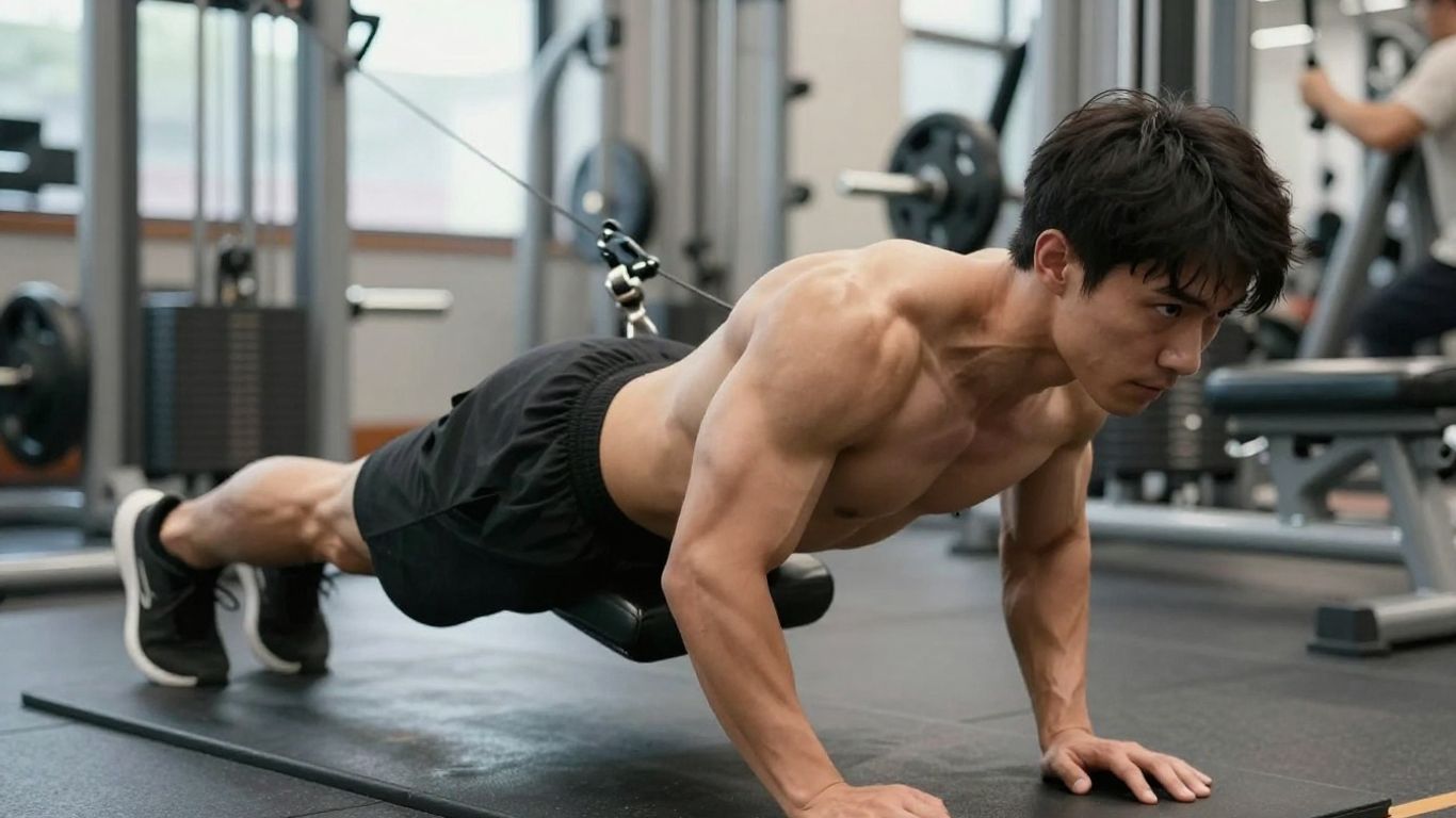 Person doing weighted ab exercises in a gym.