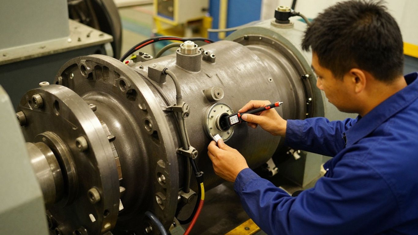 Technician measuring industrial gearbox vibration