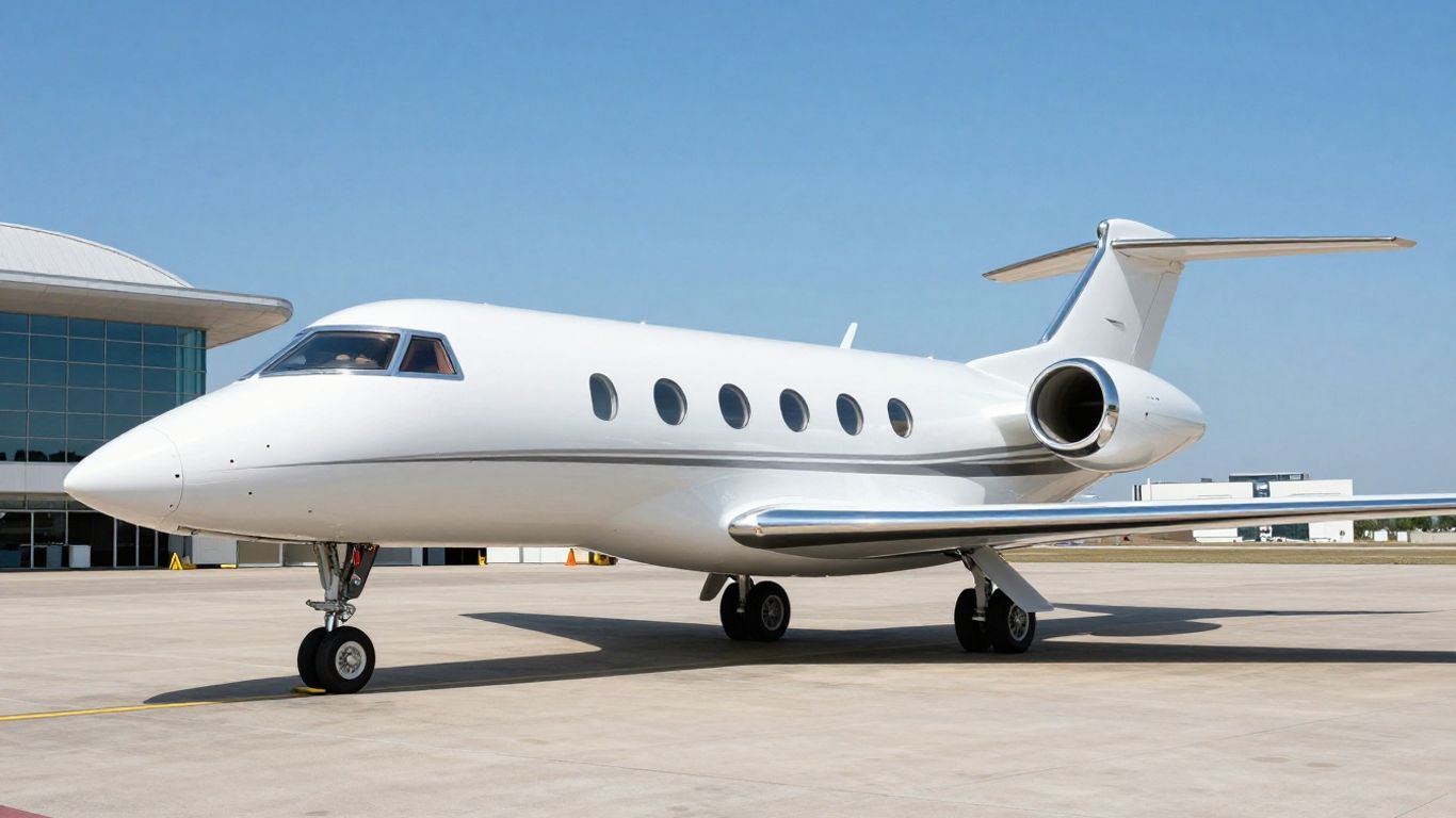 Private jet on tarmac with luxury terminal