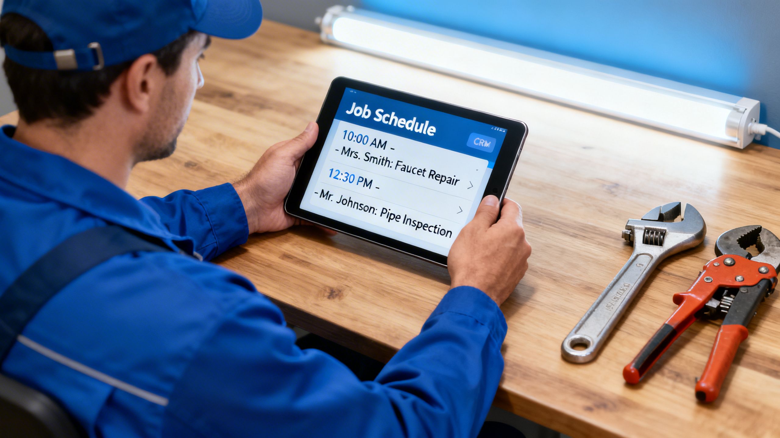A professional plumber organizing job schedules on a tablet, representing the efficiency of a plumber crm