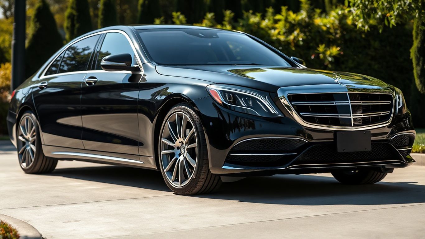 Mercedes S-Class luxury sedan parked outside.