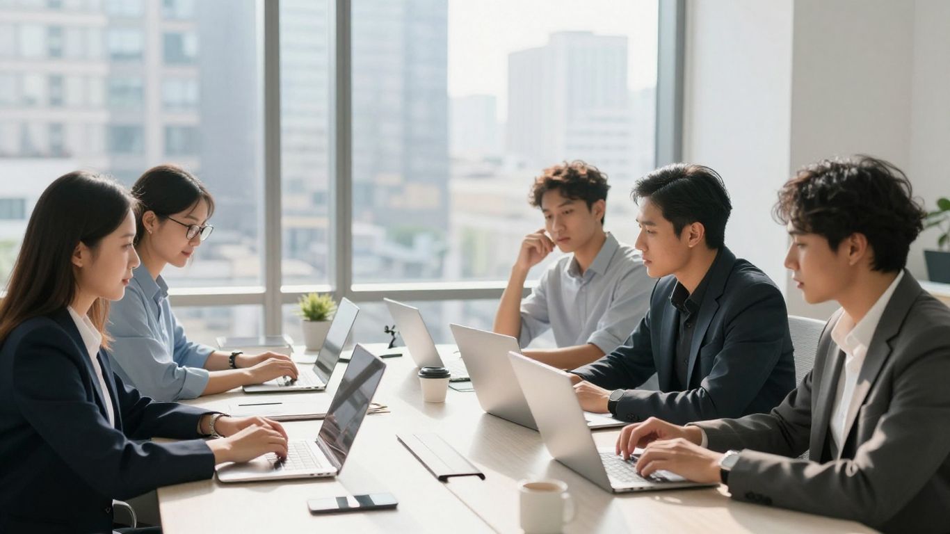 Business professionals working efficiently in a modern office.