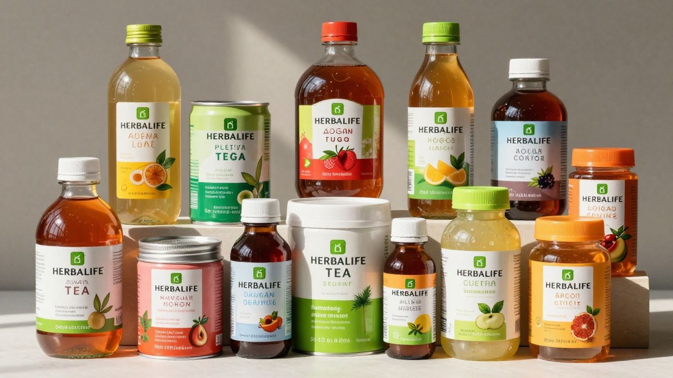 Herbalife tea and beverage products arranged attractively.