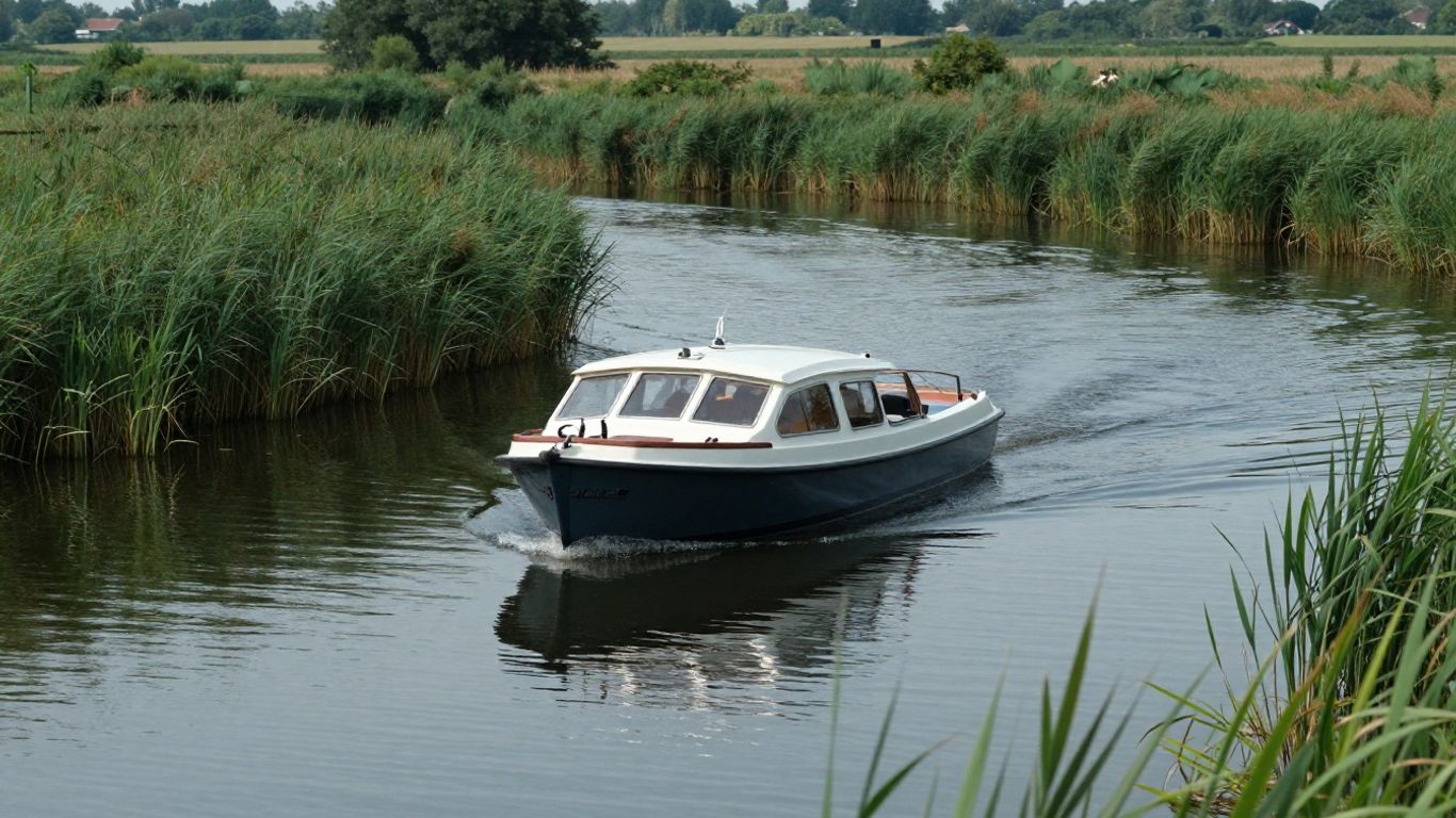 Fluisterboot vaart rustig door Weerribben waterwegen.