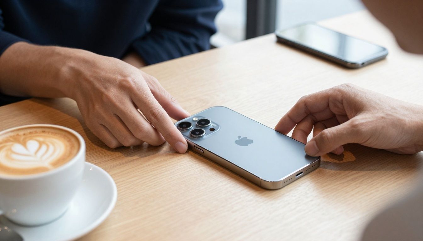 A person in a bright, modern cafe carefully placing their iPhone 17 Pro Max in a sleek, minimalist case onto a light wood table next to a latte.