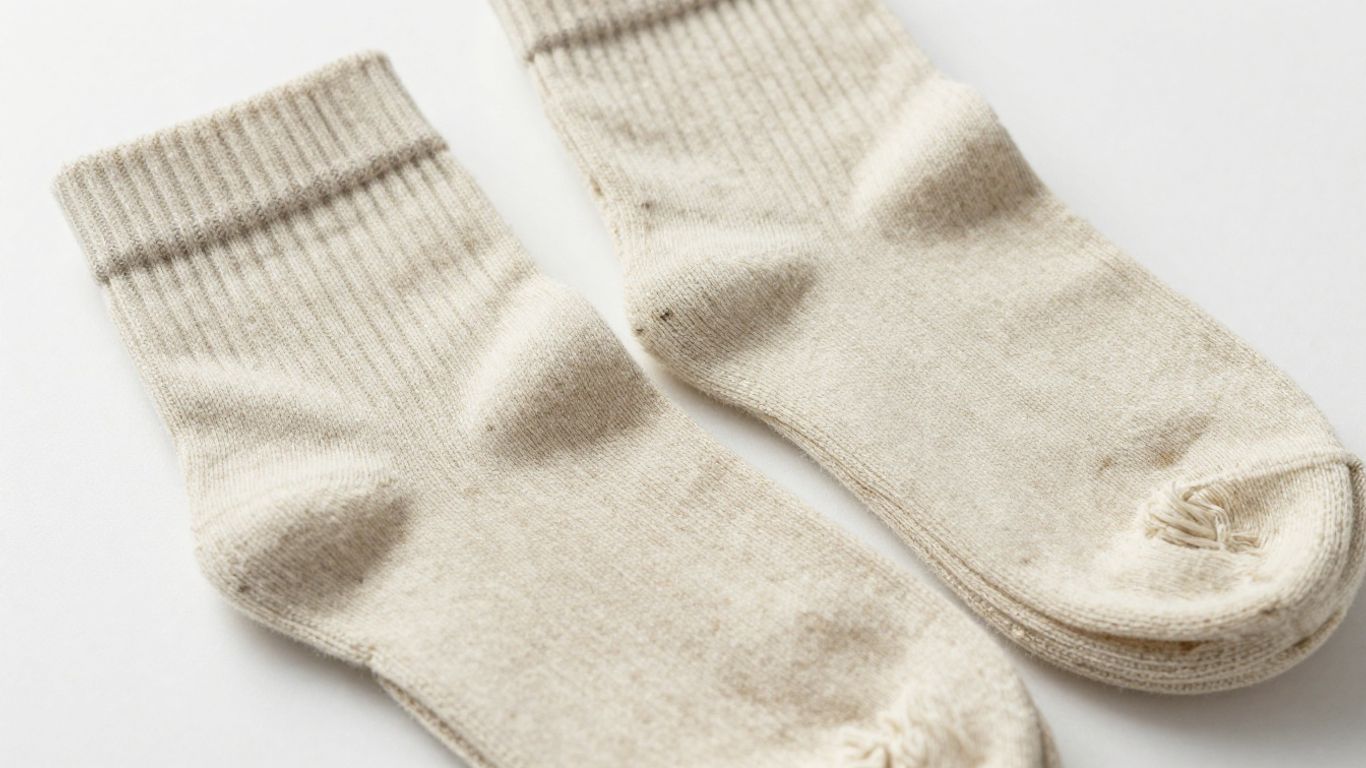 Worn merino wool socks, highlighting texture and durability.