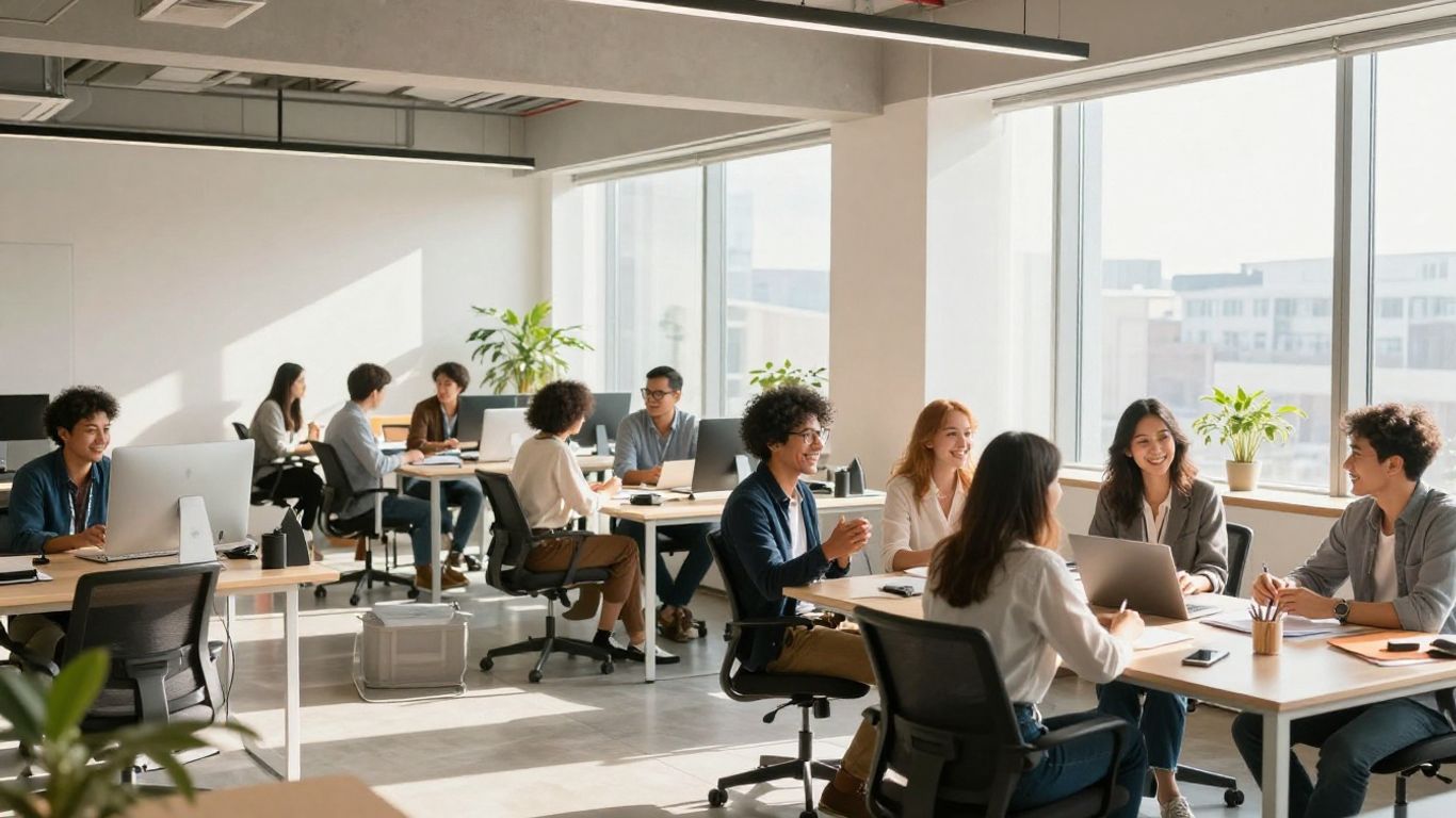Personas colaborando en una oficina moderna y luminosa.