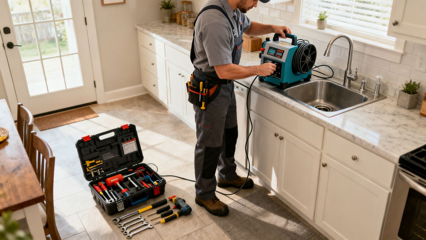 Technician preparing drain cleaning equipment