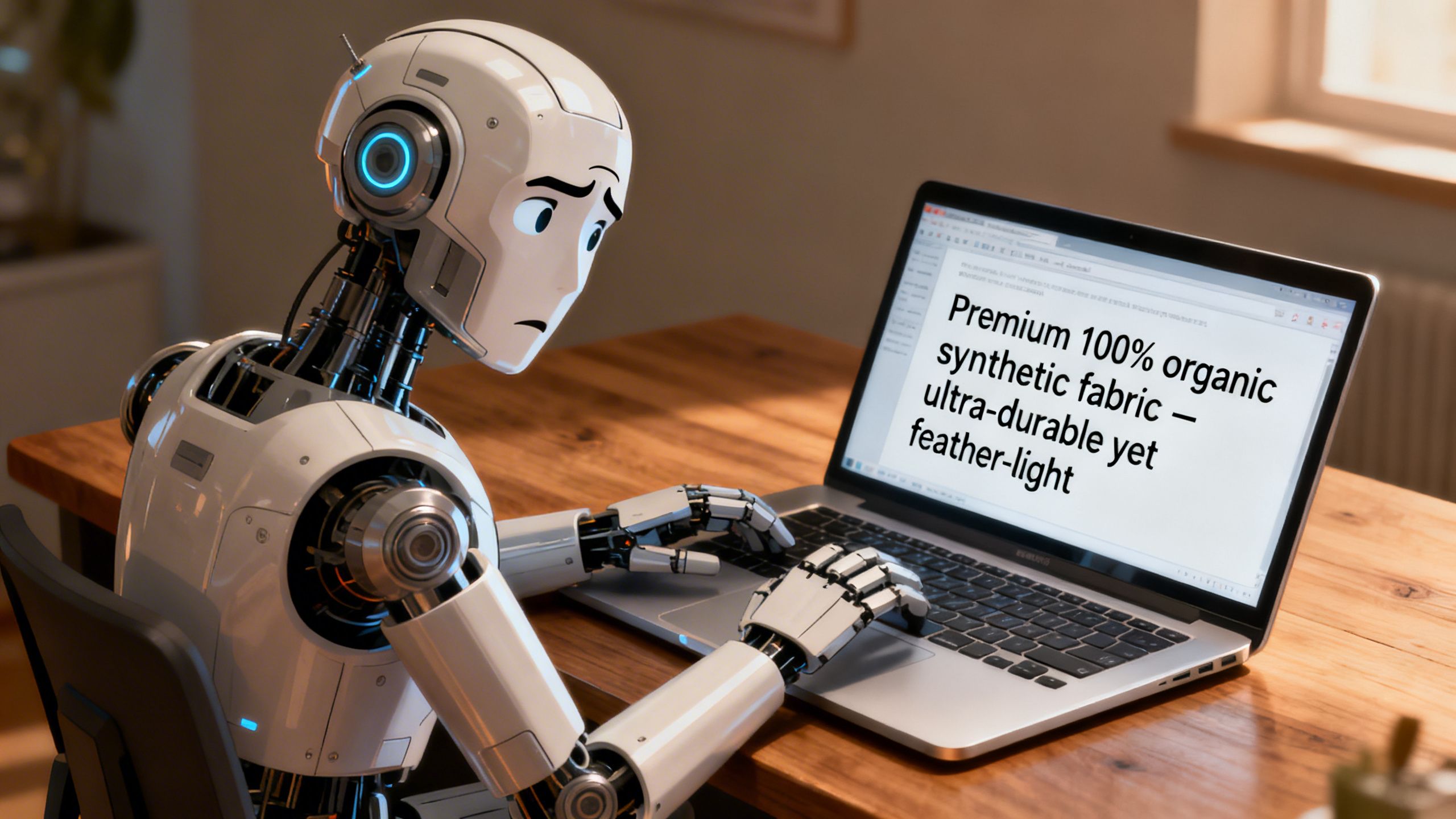 An AI robot looking confused while writing a product description on a laptop, illustrating the concept of AI hallucinations in marketing.