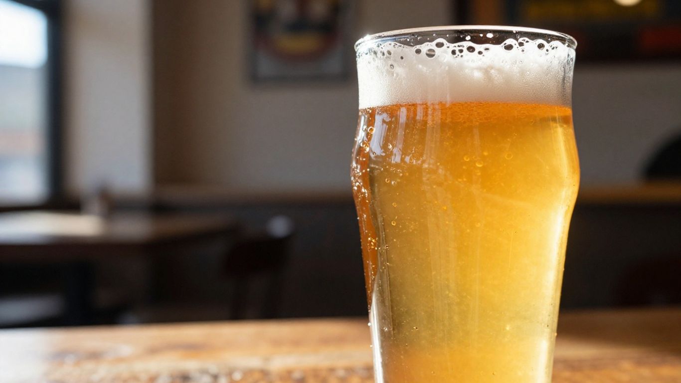 Frothy craft beer in a glass at a brewery.