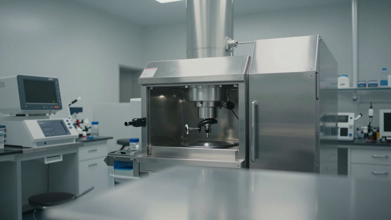 Pharmaceutical facility interior with advanced equipment.