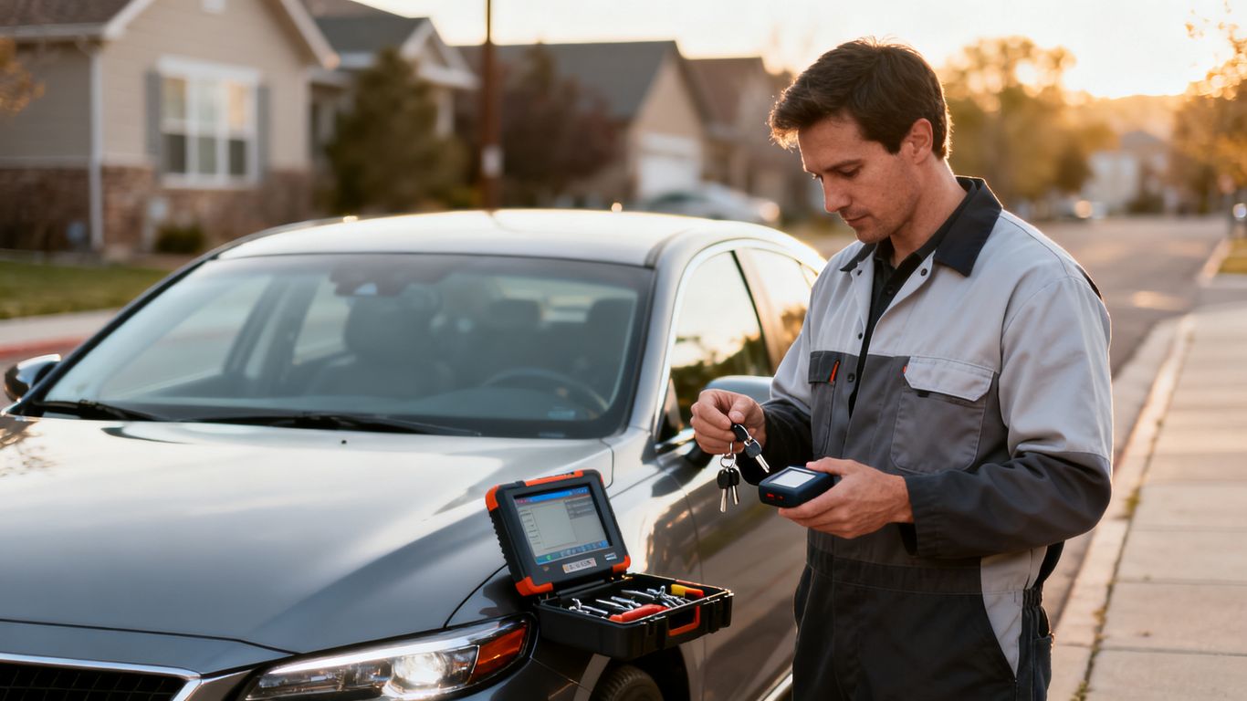 Technician preparing a replacement key beside a parked car