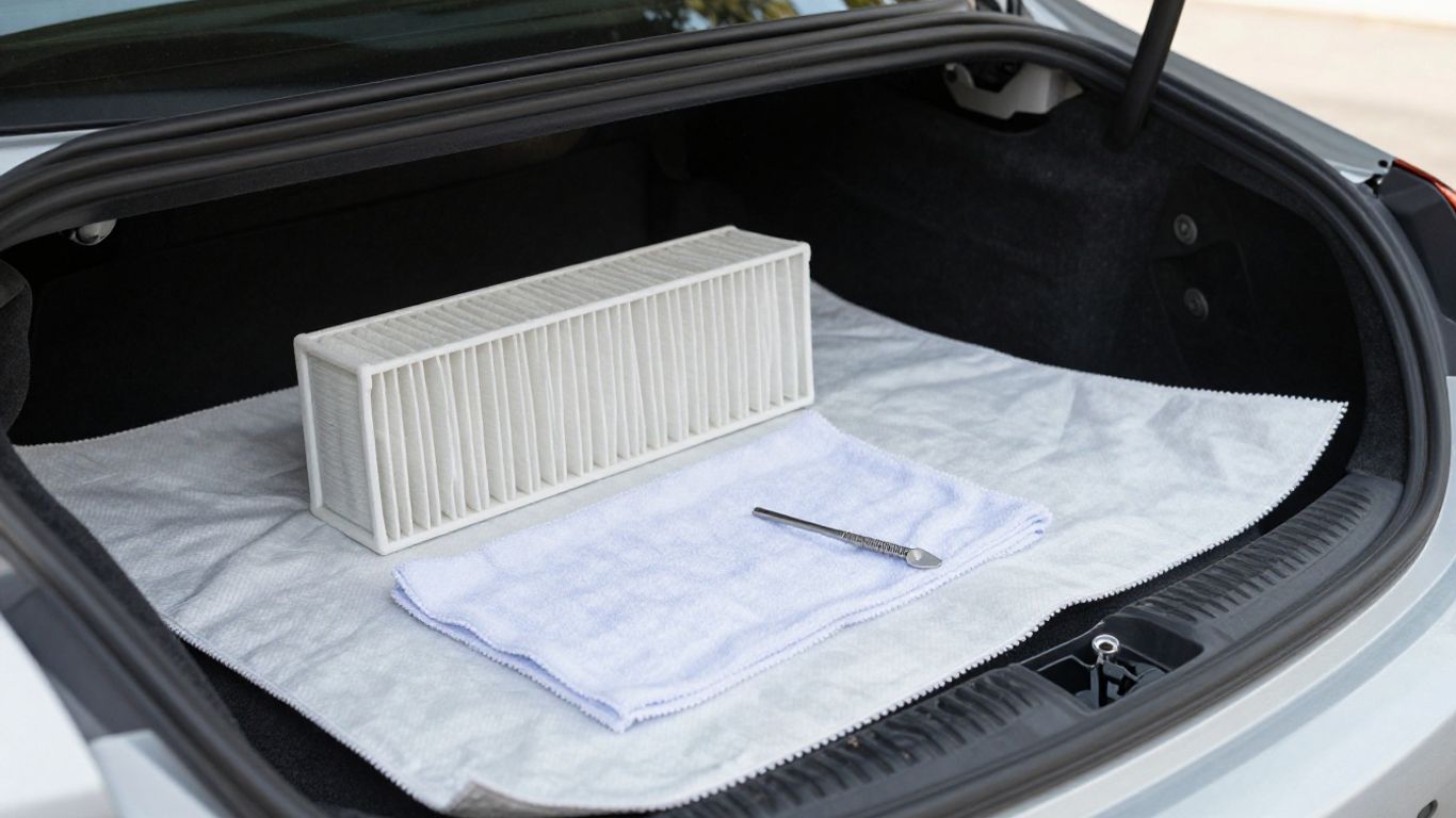 Cabin filter and tools arranged beside a vehicle interior