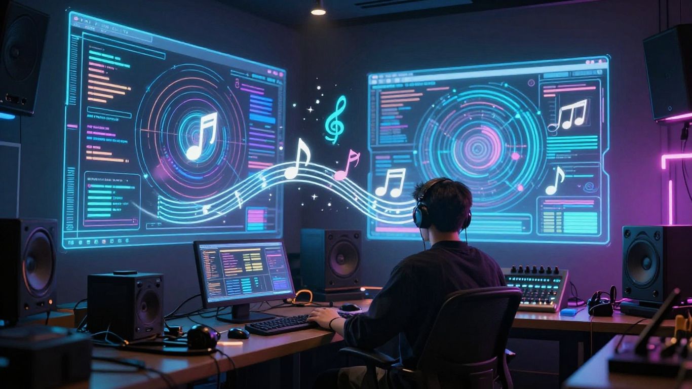 AI music video creation in a futuristic studio.