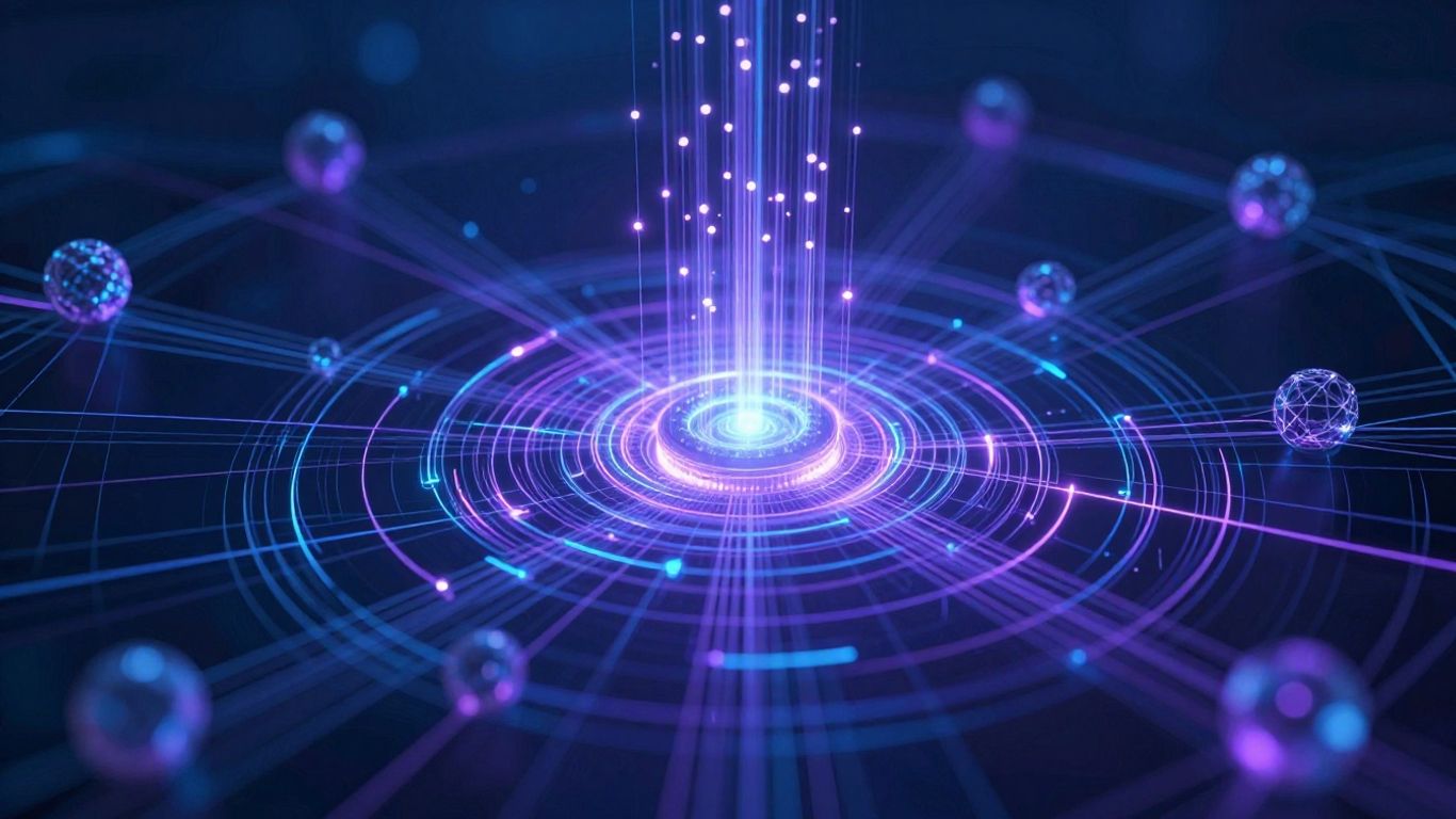 Digital data streams converging on a central glowing core.