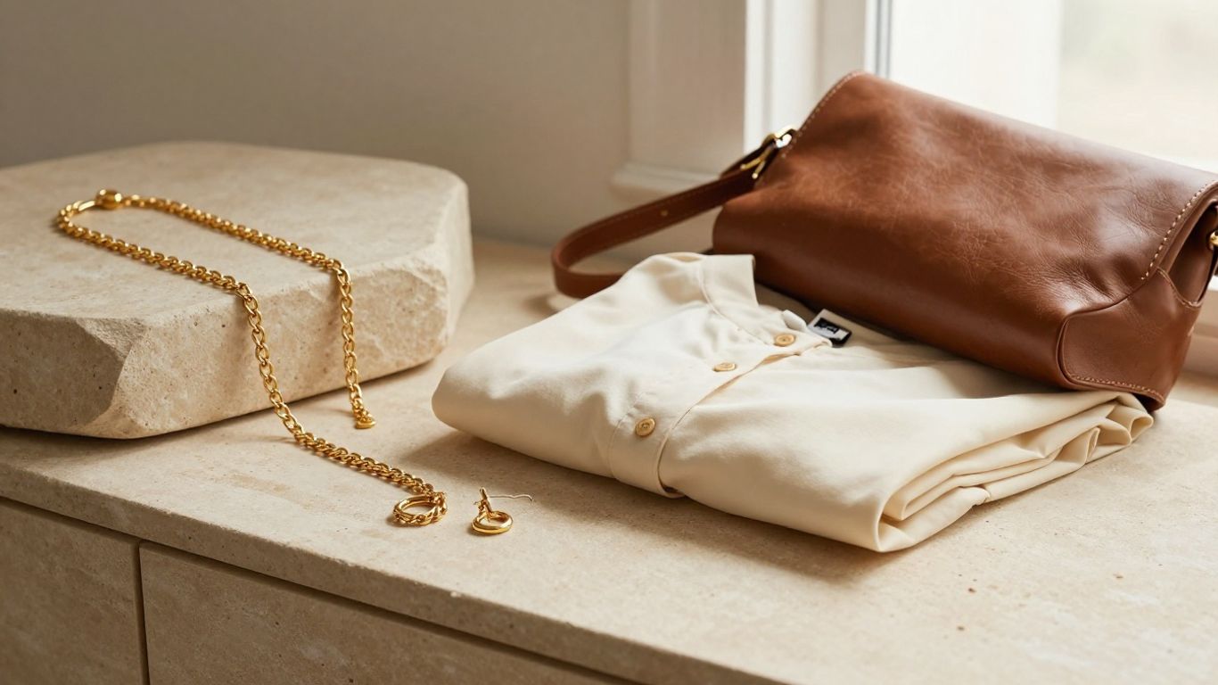 Gold jewellery arranged beside a daily outfit