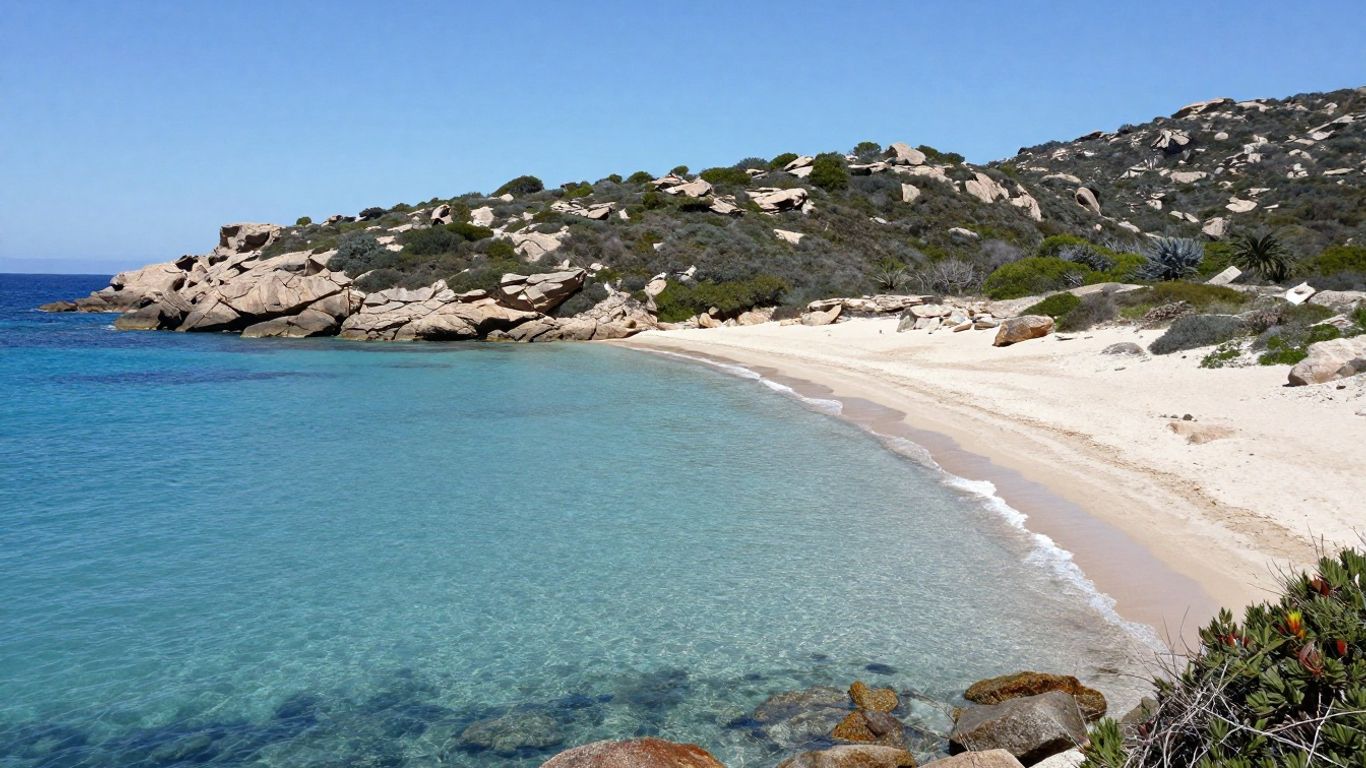 Clear blue water beside Lotu Beach and its rugged coast