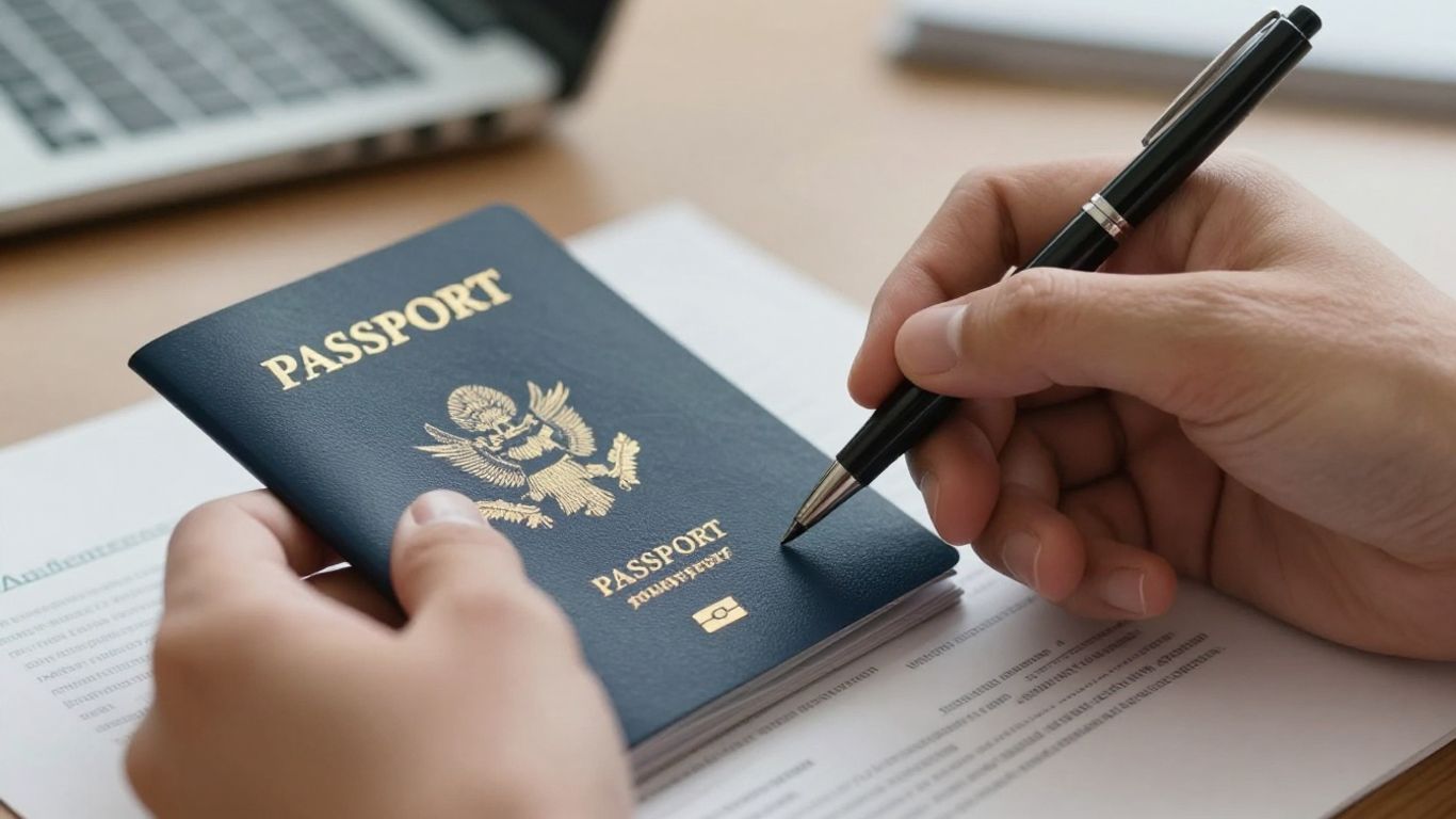 Mano con pasaporte y bolígrafo para renovación TPS.