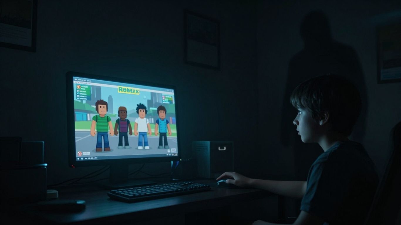 Roblox game screen with a shadowy figure in the background.