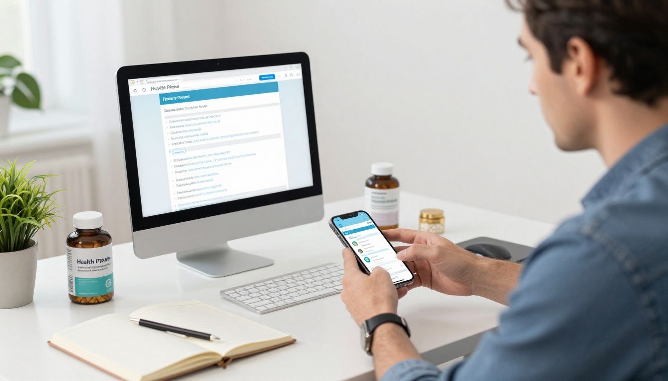 A bright, modern health-tech scene showing a man in his 40s at a clean desk organizing his health protocol with supplements, a journal, and a smartphone app.